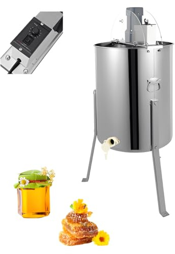 Centrifugador de miel eléctrico, extractor de miel de 4 panales, extractor de miel de 140 W, acero inoxidable con tapa, velocidad ajustable, altura del tambor 61 cm, fácil de limpiar, para la