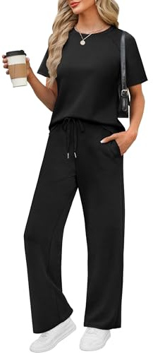 WIHOLL Two Piece Sets for Women Summer Dressy Casual 2026 Country Concert Outfits Comfy Matching Sets Women Clothing Wide Leg Pants 2 Piece Loungewear Fashion Cozy Clothes Black XL