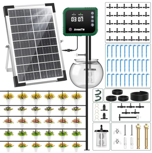 AnseTo Sistema di Irrigazione Solare da 8W, Sistema di Irrigazione Automatico Ecologico con Controller di Irrigazione Regolabile e 30 Gocciolatori. Adatto per Piante in Vaso, Orti e Aiuole