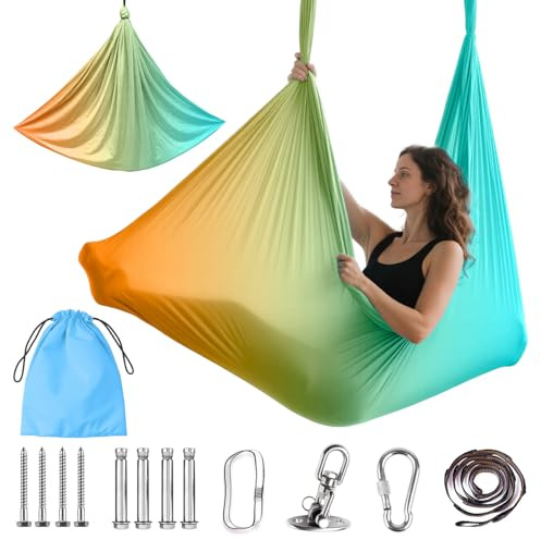 Toalla de yoga aérea, 280 x 150 cm, juego de yoga para adultos, hamaca de yoga para colgar, juego de yoga aéreo para interiores y exteriores, carga de 200 kg, incluye hardware de instalación completo