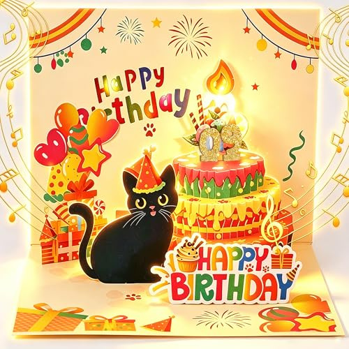 TIKONT Carte d'anniversaire pop-up 3D avec musique, lumières et bougie soufflante, carte d'anniversaire lumineuse pour femme, homme, mari, épouse, enfants, amis