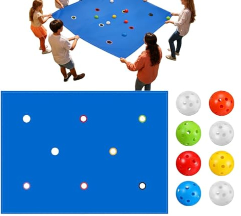 Giochi per la | Attività di Esercizio con Telo Forato e 8 Palline - Giochi di | per uso in Casa, Scuola, Esterni, Cortile, Spiaggia, Ricreativo, Feste e Riunioni Familiari