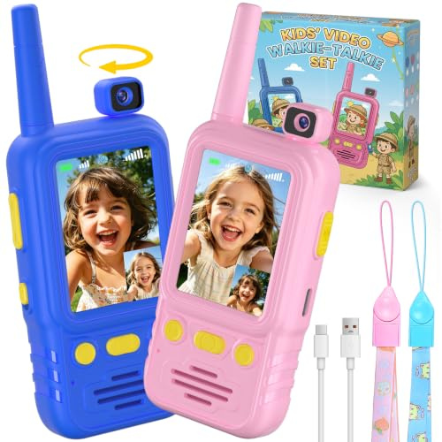 Dr. RiaoRiao Talkie Walkie Enfants avec Caméra Rotative à 180°, Cadeau Fille 3 4 5 6 7 8 9 10 11 12 Ans, Rechargeable par USB-C Utlisation Interieure/Exterieure/Voyage/Fetes (Bleu+Rose)