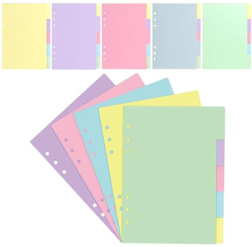 25 Hojas Separadores A5 5 Colores Divisores de Carpeta Fichas de Índice | con 6 Agujeros para Carpeta de Anillas, Cuadernos, Planificadores