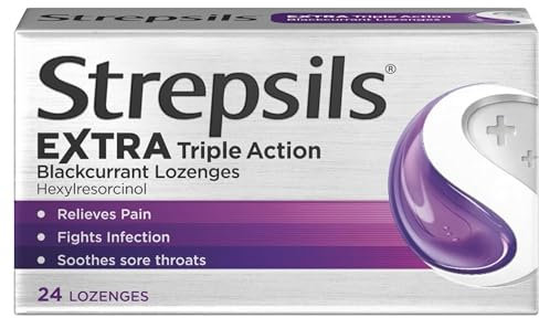 Strepsils Extra Triple Action Lozenges, Blackcurrant, 24 Count, Soothes Sore Throat, Pain Relief, Numbs, Relieves Germs, Fast Acting, Up To 2 Hours, Medication