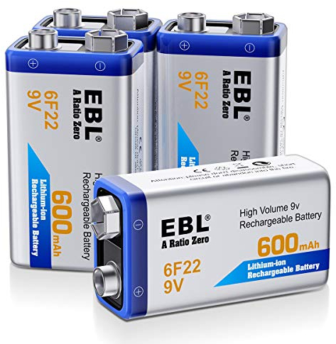 EBL 9v Akku 600mAh Typ Li-Ionen 6F22 wiederaufladbare Lithium-ionen Batterie, geringe Selbstentladung für Rauchmelder 4 Stück