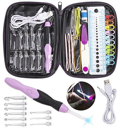 LED Agujas de Ganchillo, iluminados Juego de Ganchos de Ganchillo con Costura & Baterías recargables, 9 Cabezas Intercambiables 2.5mm - 6.5mm, LED Lighted Agujas de Punto Kit (Púrpura)
