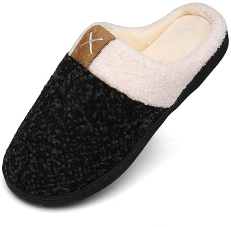 Mishansha Herren Memory Foam Hausschuhe Damen Weiche Wollähnliche Plüsch Fleece Gefüttert Pantoffeln,Schwarz,44/45