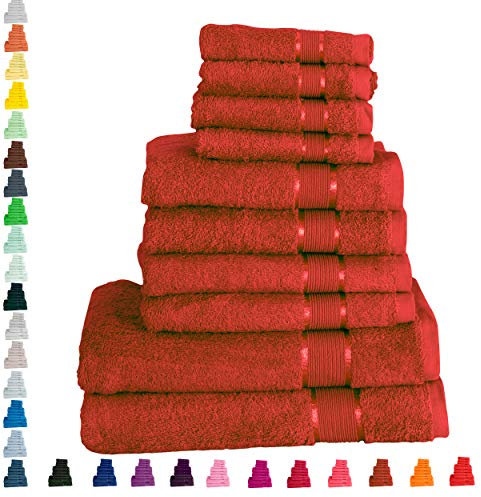 Mixibaby Handtuch 10er Set 2X Duschtuch 4X Handtuch 4X Gästetuch 100% Baumwolle Frottee, Farbe:Rot