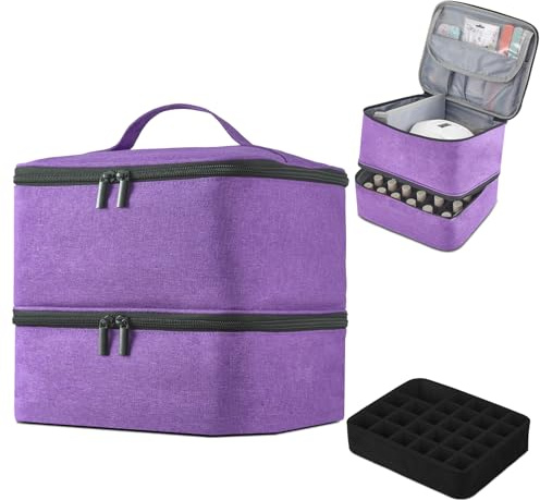 Buruis Double-Layer Nail Polish Organizer Bag, Holds 27 Bottles (15ML/0.5 FL.OZ or Larger), Nail Tools & Dryer Storage Case with Adjustable Dividers (Purple)