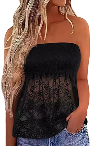 shownicer Femmes Bandeau Tops en Dentelle Grande Taille Tops Sexy Été Tunique sans Manches Vest T-Shirt Floral Debardeur Ample Chemise sans Bretelle Haut Dos Nu Blouse A Noir S