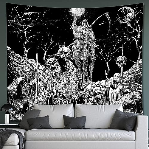 Black and White Goth Skull Tapestry for Bedroom, Gothic Skeleton Halloween Wall Tapestries Aesthetic, Horror Ghost Rider Night Sky Moon Dark Wall Hanging Decor for Living Room (51'' x 60'')