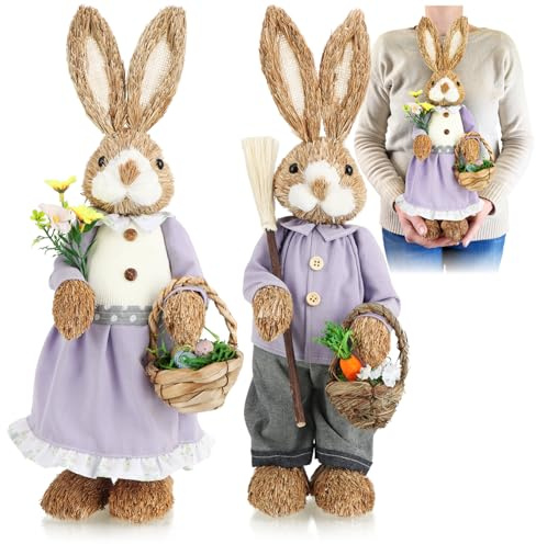 com-four® 2X Conejo de Pascua de Paja XL Hecho a Mano - Conejo de Pascua Decorativo de 44 cm para decoración de Pascua - Figuras de Paja para Pascua (02 Piezas - 44cm Lila/Azul)