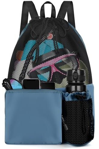 BROTOU Drawstring Mesh Swimming Bag, 30 Litre Water Sports Backpack with Wet/Dry Pocket, Multifunctional Sports Bag for Kids, Adults, Swimming, Surfing, Beach, Travel (C, Dark Blue)