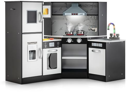 RELAX4LIFE Cucina Giocattolo per Bambini, Cucina Lussuosa in Legno con Effetti Luminosi e Sonori, Forno, Microonde, Macchina del Ghiaccio Lavastoviglie e Lavagna, Regalo per Bambini 3+ Anni(Marrone)