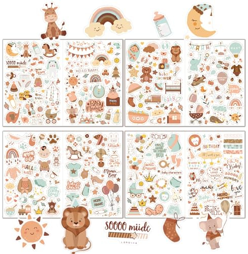 4 Blatt Sticker Babyalbum, 204 Stücke A4 Sticker Baby Scrapbooking Mädchen & Junge, Aufkleber für Babyshower Deko,Geschenk, Notizbuch