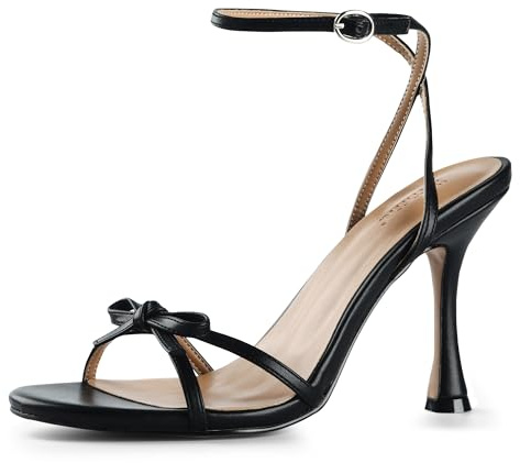 iiimmu Women's Bow Heels 4 IN Stiletto Heeled Sandals for Women Round Open Toe Sandal Heels Elegant Summer Heels Soft PU Leather/Faux Suede, Black, 6 UK