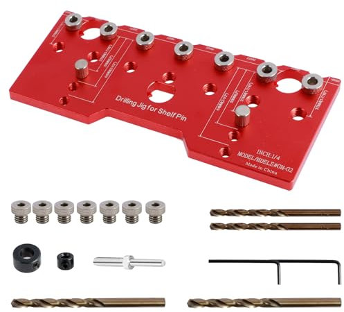Bohrschablone für Regalstifte mit 7 Gehärtete Bohrerführungen Bohrschablone Hochwertige Alu 22 * 10cm 1/4 Zoll 5mm Bohrlehre 32mm Bohrführungen für Holzbearbeitung Heimwerken Heimwerken (Rot)