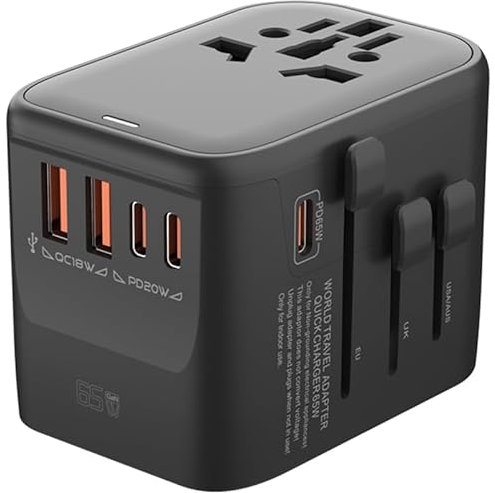 QENEQ 65W GaN Reiseadapter Weltweit mit USB C und AC Steckdose Internationaler Steckdosenadapter Reisestecker Adapter Weltweit Mehrfachsteckdose Travel Adapter für EU USA UK Japan Thailand Australien