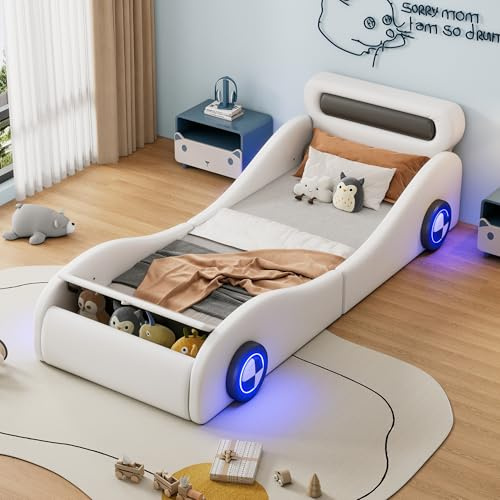 Kebnor Letto imbottito, 90 x 200 cm, letto singolo, letto per bambini, letto imbottito a forma di auto con ruote luminose e spazio di archiviazione, PU, (senza materasso) (bianco)