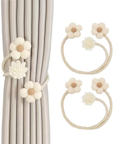 SanKristo 2 Piezas Alzapaños para Cortinas Tejer a Mano, 360 °Rotatable Alzapaños para Cortinas Bohemio, Sin Perforar Hebillas de Cortina Ajustables de Flores para la Cortina Decorativa (Beige)