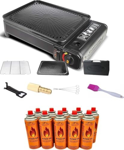 SMH LINE® 2-in-1 Camping Gasgrill Set Campinggrill inkl. 4x Gaskartusche 227g Balkon-Grill Tischgrill Campingkocher Tragbarer Koffer Gas BBQ inkl. Zubehör Grillgitter Grillpfannenclip Kassettengrill
