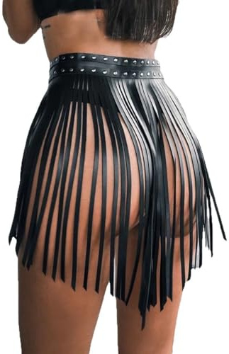 Jupe à Franges en Simili Cuir pour Femme Ceintures Vintage Gothique Ceinture à Franges avec Double Boucle Ajustable Jupe Ceinture Rock Punk Accessoires de Décoration pour Halloween Soirée Festival