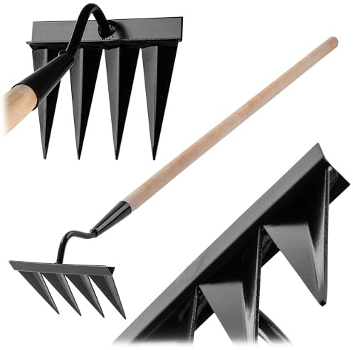 KADAX Azada para malas hierbas con 4 puntas afiladas, azada de jardín de acero altamente carbonizado para jardinería, herramienta de jardín para deshierbar, aflojar y airear el suelo (con mango de