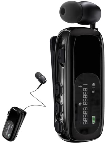 LOBKIN Auricolare Singolo Bluetooth 5.4, Auricolari Wireless Retrattile con Microfono Cancellazione Rumore, IPX5 Impermeabili Cuffie Clip Bluetooth per Sport Ufficio e Guida