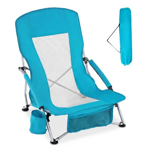 COSTWAY Folding Beach Chair, Portable Lightweight Low Seat Chair with Padded Armrests, Cup Holder, Storage Pocket and Carry Bag, Heavy Duty Camping Chair for Outdoor Picnic, Concert & Travel (1)