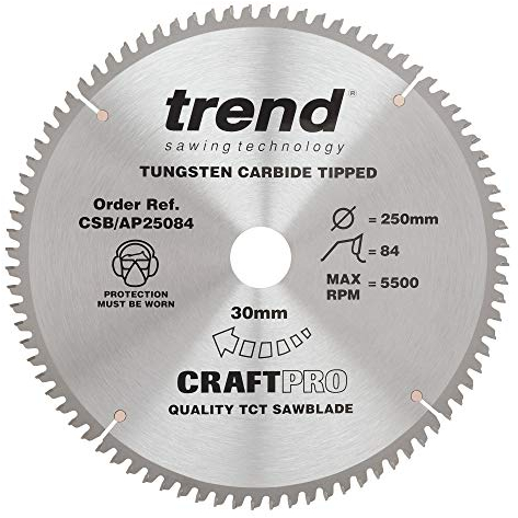 Trend CraftPro Hoja de sierra circular TCT para encimera de aluminio y plástico, 250 mm de diámetro x 84 dientes x 30 mm de diámetro interior, punta de carburo de tungsteno, CSB/AP25084