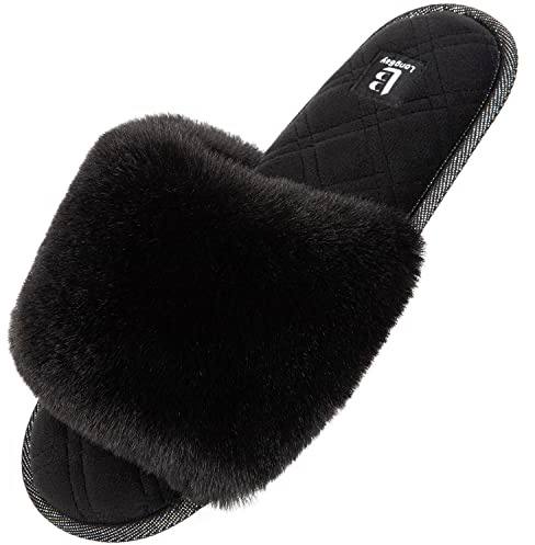 LongBay Ladies' Fluffy Faux Fur Slippers Open Toe Memory Foam House Shoes for Women Indoor Outdoor Slides Black,5-6