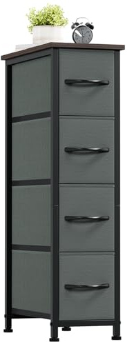 Somdot Kommode mit Schubladen, Kommode Schmal Schlafzimmer Wohnzimmer Flur, Komodenschrank Schubladenschrank Aufbewahrungsschrank Stoffkommode, 4 Stoffschubladen, Kohlegrau, 48T x 20B x 75H cm