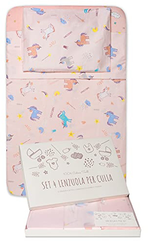 GOYSILA Sabanas Next2Me Chicco 4Piezas 100% Algodon Certificado Oeko-Tex Colchón 50x83cm 2 Bajeras 1 Encimera 1 Funda de Almohada Compatible Cuna Calidoo Lullago Kinderkraft (Unicornios)