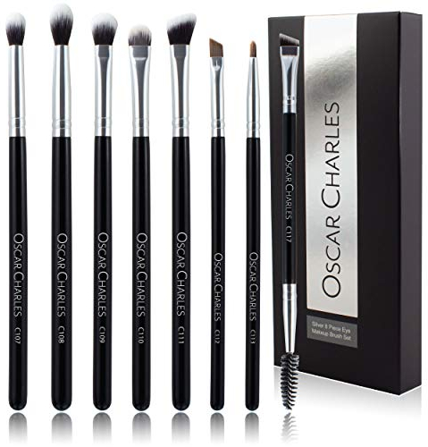 Oscar Charles Ensemble de 8 Pinceaux de Maquillage pour les Yeux Professionnels avec Pinceau à Mélange Doux, Pinceau à Fard à Paupières et Pinceaux à Sourcils, Argent