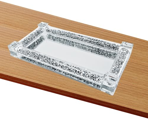 Glass Mirrored Tray with Crushed Diamonds Frame - Rectangle Decorative Display Tray for Cosmetic, Perfume, Trinkets, Mug Cup Serving, 20 x 10 cm