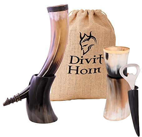 Divit Horn Auténtico cuerno para beber vikingo, trago de cuerno, abridor de botellas (juego de 3 piezas) | Auténtico cuerno medieval para beber | Bolsa de regalo de lino incluida Lobo, pulido 16 oz