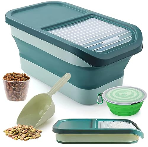 Wuciray Hundefutter Aufbewahrung Dog Food Container Futtertonne Aufbewahrungsbox Faltbar mit Deckel Löffel Messbecher (Grün)
