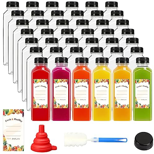 Moretoes 42pcs 16oz Plastic Juice Bottles with Caps, Reusable Juicing Bottles with Lids, Clear Containers for Smoothies and Other Beverages