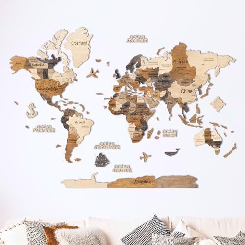 Creatifwood Mappa del mondo in legno, miglioredecorazione da parete in 3D, idea regalo per ogni occasione, decorazione da parete per casa, cucina o ufficio (Multicolor, 200L x 140l cm)