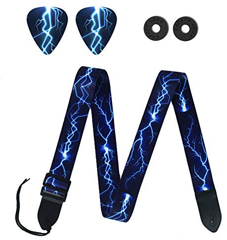 Czzmy Correa Ajustable para Guitarra,Correa para Guitarra Acústica,Correa Ajustable para Hombro para Guitarra,con 2 púas personalizadas, 2 juntas(1-Rayo azul)