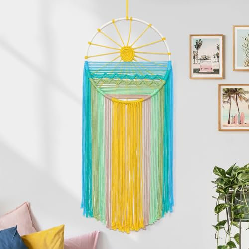 LOMOHOO Macrame Wall Hanging, 30x70cm Boho Decor Wall Tapestry, Sun Tapestry Wall Hanging, Rainbow Tassels Tapestry Wall Art Hanging Decorations for Bedroom Living Room Nursery Balcony