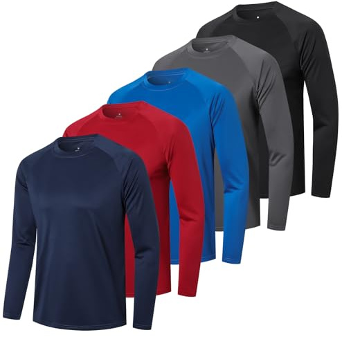 Cimic Paquete de 5 Camisas Deportivas para Hombre, Camisas de Manga Larga, Camisas para Correr de Secado rápido para Gimnasio al Aire Libre (T0722-Red-L)