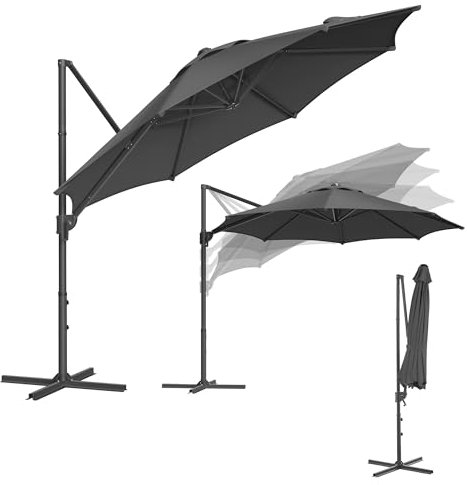 SONGMICS Sonnenschirm, Ampelschirm, 300 cm, UPF 50+, Gartenschirm, um 360° drehbar, Neigungswinkel stufenlos verstellbar, mit Kurbel, Kreuzfuß, grau GPU074G02