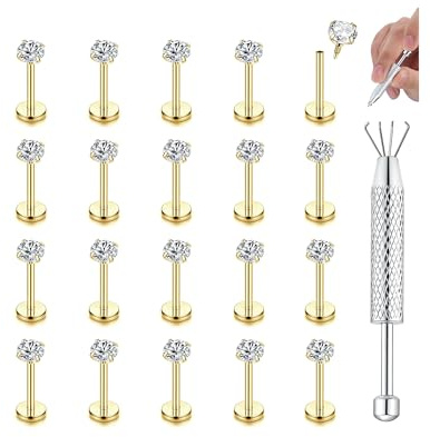 CASSIECA 20 st 16 g piercinglagring, läpppiercing, tragus, rostfritt stål, Helix-piercing, kirurgisk näspiercing, med 3 mm CZ-piercing, smycken, piercing, 6/8/10 mm, Rostfritt stål