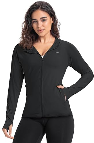 33,000ft Dam lätt löparjacka sportjacka UPF 50+ hoodie full dragkedja träningsjacka med tumhål andningsbar sweatjacka med 4 fickor för löpning fitness, svart, M