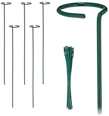 Relaxdays Växtstavar metall, set med 6 st, rankstavar med ring, metallstavar trädgård, med växtbindemedel, 60 cm, mörkgrön