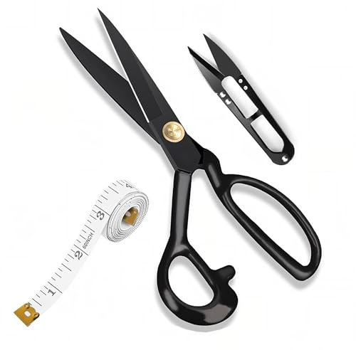 Forbici da cucito professionali, forbici da sartoria da 25,4 cm per tagliare tessuti, abbigliamento, tessuti, pelle, jeans con tagliafilo e metro a nastro (nero)
