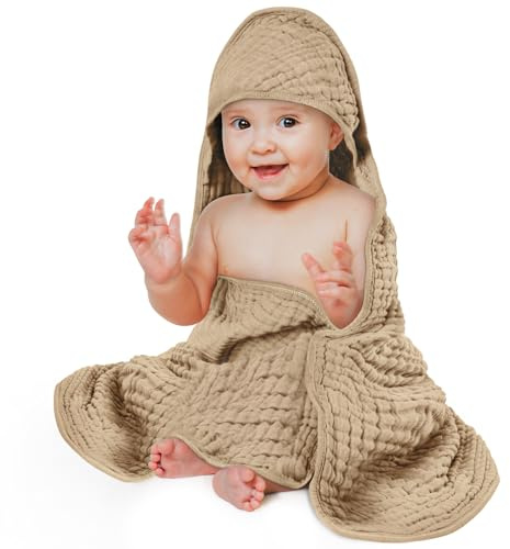 Aolso Accappatoio Neonato, 80x80cm Mussola Asciugamani Con Cappuccio Per Bambini, Accappatoio Neonato con Cappuccio Extra Morbido e Super Assorbente per Neonati e Bambini 0-3 Anni-Beige