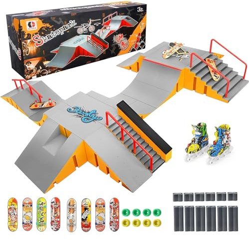 Tlater Finger Skateboard Park Kits, 14-in-1 Bigger Finger Skateboard Ramp Set DIY Assembly Fingerboard Skatepark for Kids Birthday Gift (Yellow)